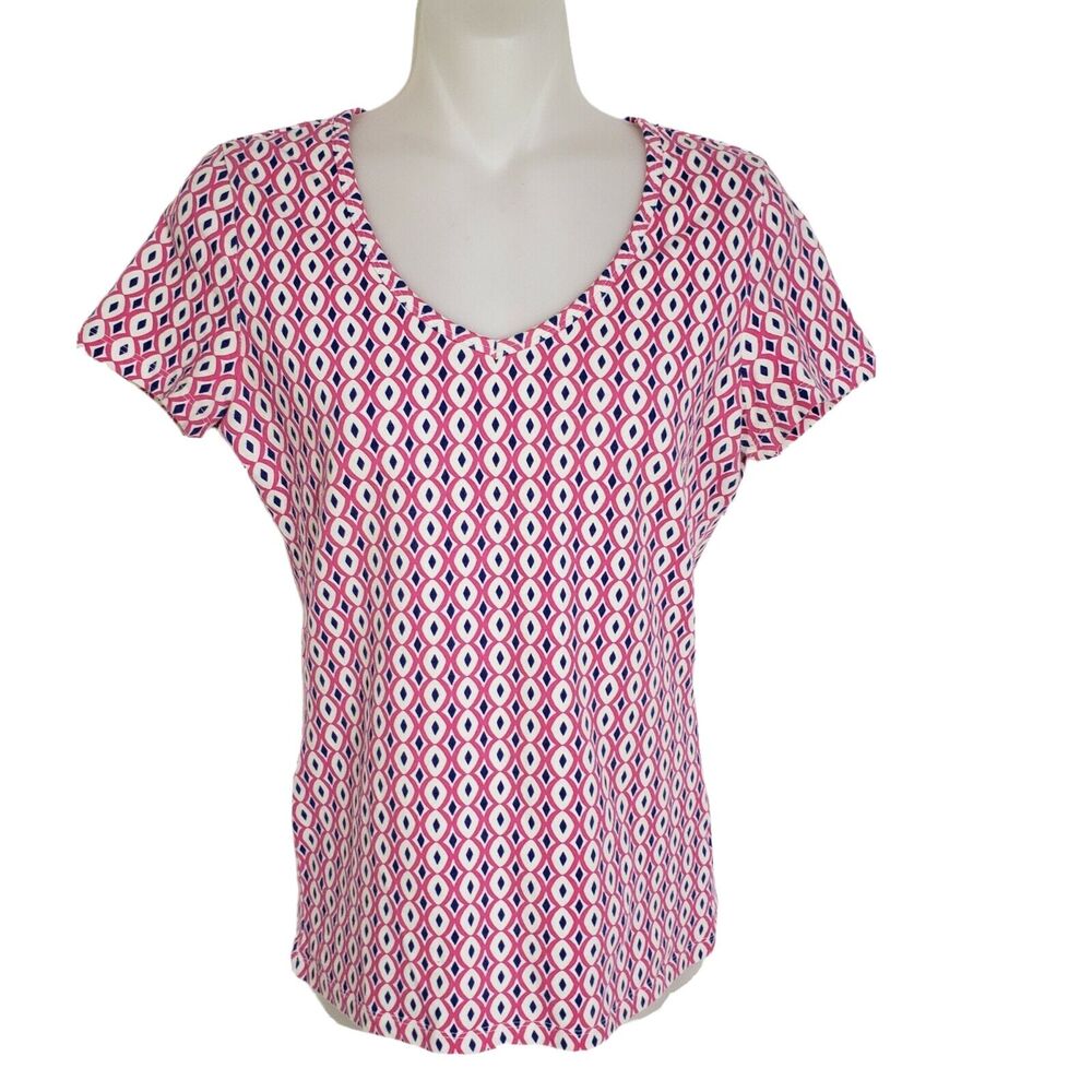 Talbots Petites Women Top Size P Pink Blue Geometric V Neck Short Sleeve T-Shirt